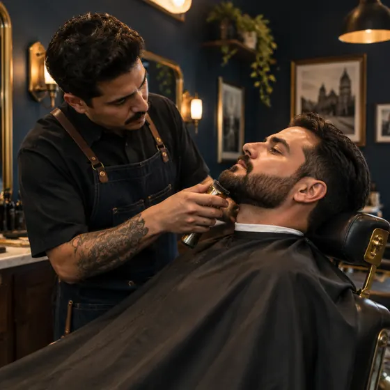Barbero arreglando la barba de un cliente