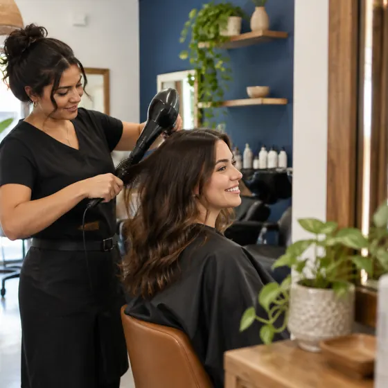 Estilista secando el cabello a una clienta
